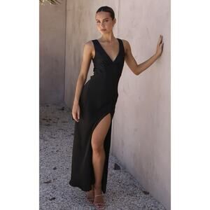 NWT Billy J Taylor Black Satin V Neck Leg Slit Maxi Dress